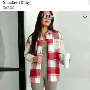 Corduroy Sleeve Plaid Lightweight Shacket - Red and Tan